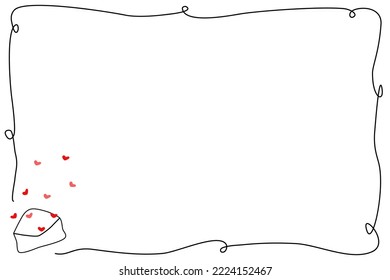 Vector - Black line border or frame with red mini hearts flying out on white envelope. Can be use for any card, web, label, banner or brochure. Copy space for any text design. Valentine's.