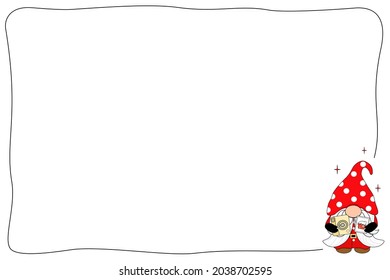 Vector - Black line border with Gnome Santa Claus on white background. Cute frame. Can be use for any card, web, label, banner or brochure. Copy space for any text design. Merry Christmas, New Year.