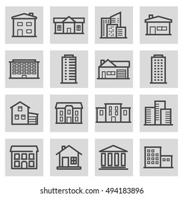 Vector black line building icons set on grey background