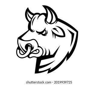 Vector black line bull head logo on white background. Line art flat style design of angry animal bull with ring