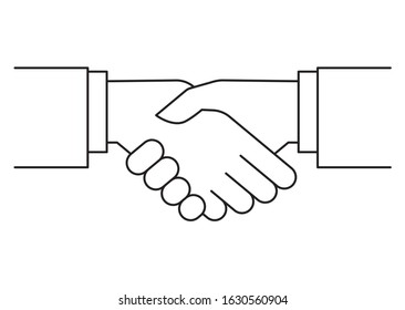 Vector black line business hands. Shaking hands. Isolated on white background.