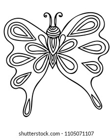 Vector black line butterfly isolated on the white background. For tattoo, coloring book page for adult with high details. 