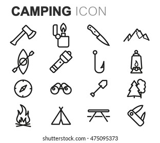 Vector black line camping icons set on white background