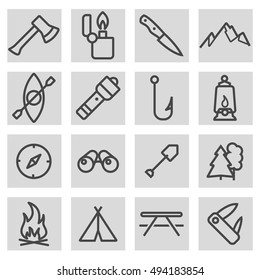 Vector black line camping icons set on grey background