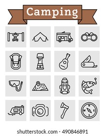 Vector black line camping, outdoor, travel in gray squares on white background