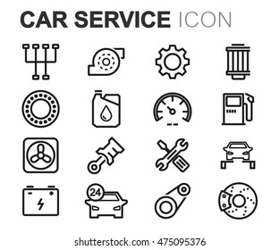 Vector black line car service icons set on white background