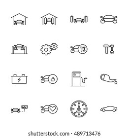 Vector black line car service icons set on white background