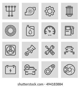 Vector black line car service icons set on grey background