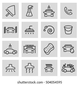 Vector black line car wash icons set on grey background