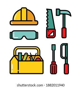 Vector black line carpentry icons set on white background. Vector illustration.