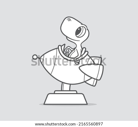 Vector black line cartoon little dinosaur sitting in a spaceship model. Light grey background.