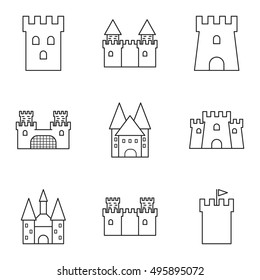 Vector black line castle icons set on white background