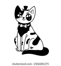 Vector black line cat on a white background. Outline illustration animal character design is ideal for various creative projects, including greeting cards, posters, children's books, apparel