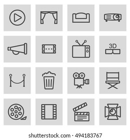 Vector black line cinema icons set on grey background