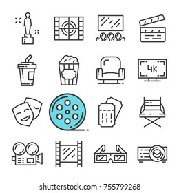 Vector black line Cinema icons set. Includes such Icons as Award, Hall, Ticket, Popcorn.