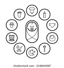 Vector black line circle newborn icon set in the middle baby. Baby icon. Isolated on white background
