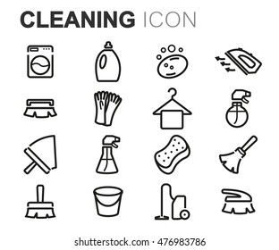 Vector black line cleaning icons set on white background