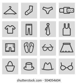 Vector black line clothes icons set on grey background