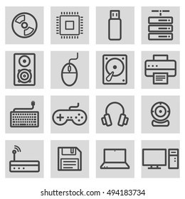 Vector black line computer icons set on grey background