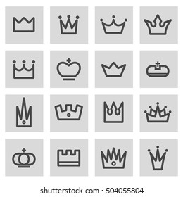 Vector black line crown icons set on grey background