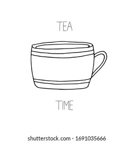 Vector black line cup. Simple tableware doodle style. Tea time illustration.
