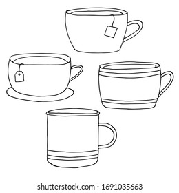 Vektorillustration schwarze Becher mit Teebeutel. Einfache Geschirr-Doodle-Stil. Tea time Illustration.