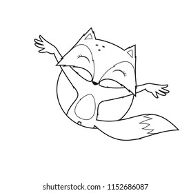 Vector black line cute cartoon fox in circle. Isolated on white background