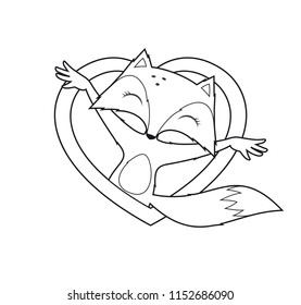 Vector black line cute cartoon fox in heart. Isolated on white background