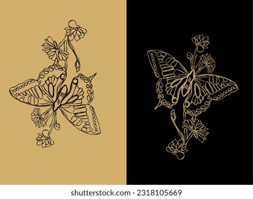 vector black line drawing of flower and butterfly with white background