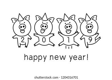 vector black line drawing four pigs dancing celebrating happy new year! 2019 art
