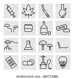Vector black line drinks and drugs icons set in gray squares on white background