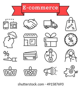 Vector black line E-commerce, shopping icons set on white background