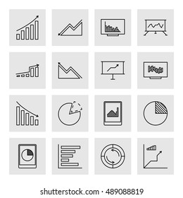 Vector black line economic icons set in gray squares on white background