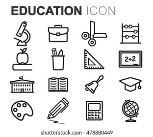 Vector black line education icons set on white background