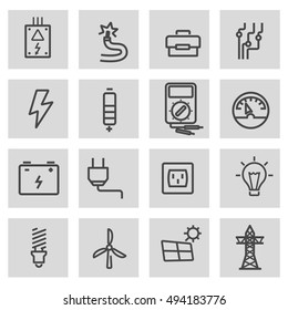 Vector black line electricity icons set on grey background