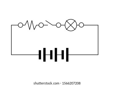 vector black line electronic diagram with lamp resistance switch and battery cell isolate on white background . basic class learning electronic