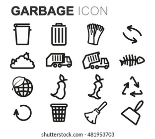 Vector black line garbage icons set on white background