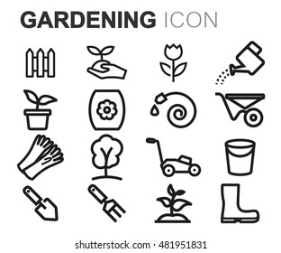 Vector black line gardening icons set on white background