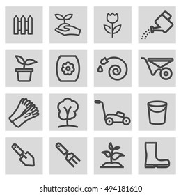 Iconos de jardinería de línea negra vectorial establecidos en fondo gris