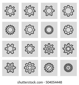 Vector black line gear icons set on grey background