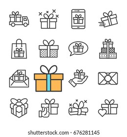 Vector black line Gifts icons set