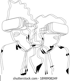Dibujo de diseño gráfico de línea negra vectorial de un hombre y una mujer jóvenes con gafas de realidad virtual sobre fondo blanco.