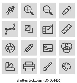 Vector black line graphic design icons set on grey background