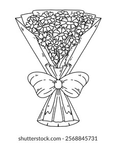 Vector black line hand drawing of flower bouquet with ribbon. Coloring book design, minimalism