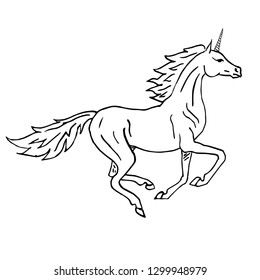 Vector black line hand drawn unicorn galloping isolated on white background 