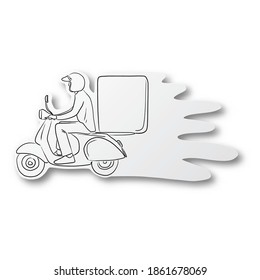 Vector black line hand drawn of delivery man riding motorcycle on cut paper with shadow isolated on white background