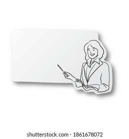 Vector black line hand drawn of female teacher or businesswoman presenting her lesson in copy space on cut paper with shadow isolated on white background