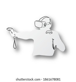 Vektorschwarze Linie, handgezeichnet von einem Headset für virtuelle Realität auf menschlichem Papier mit Schatten einzeln auf weißem Hintergrund