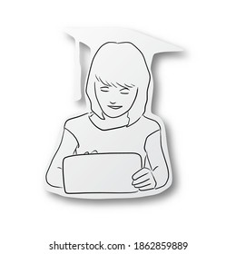 Vector de la mano de la línea negra dibujada por la chica usando tablet pc en la tapa de graduación papel cortado con sombra aislada en fondo blanco