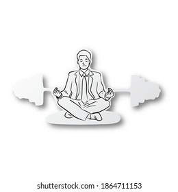 Vector black line hand drawn of businessman meditation on barbell shape cut paper with shadow isolated on white background. Paper art. Health concept.